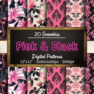 Pink and Black Seamless Patterns, 20 Digital Papers, Pink and Black Patterns, Instant Download, Personal & Commercial Use, Print on Demand