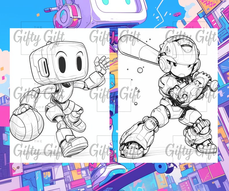 Puede incluir: Un dibujo en blanco y negro de dos robots. Un robot est&aacute; jugando al baloncesto y el otro sostiene un bate de b&eacute;isbol.