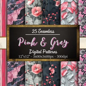 Naadloze roze en grijze patronen, 25 digitale papers, roze en grijze patronen, direct downloaden, persoonlijk en commercieel gebruik, print on demand