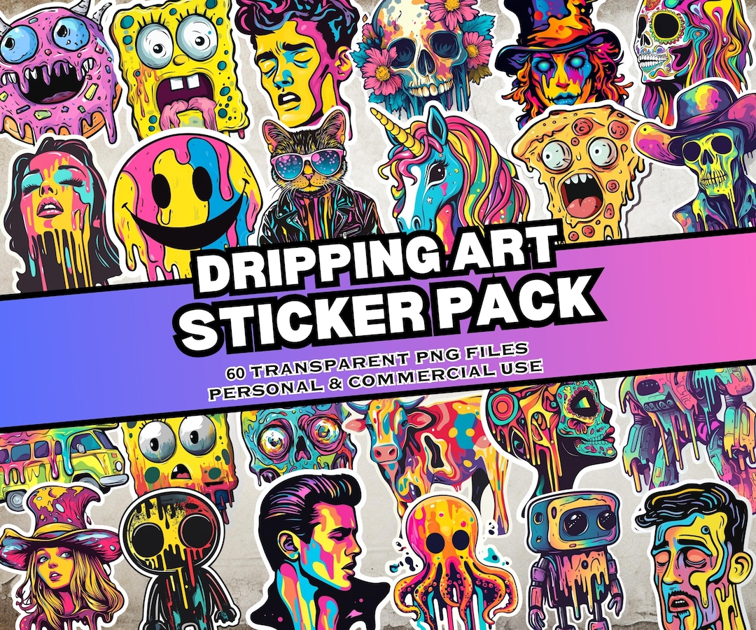 Sticky Drip Sticker Dripping Art Digital Sticker Pack – 60 Psychedelic PNG Stickers ...