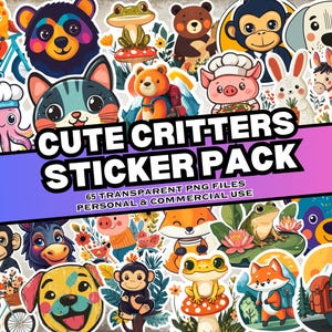 Cute Critters Sticker Pack, 65 Cartoon Animals Digital Stickers, PNG Files, Instant Download, Personal & Commercial Use, Print on Demand