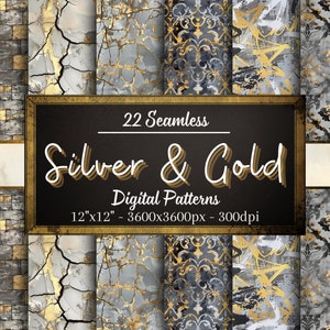 Silver and Gold Seamless Patterns, 22 Textured Digital Papers, Rustic Patterns, Instant Download, Personal & Commercial Use, Print on Demand