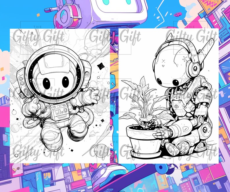 Puede incluir: Una ilustraci&oacute;n en blanco y negro de dos robots. Un robot lleva un traje espacial y flota en el espacio. El otro robot est&aacute; sentado y cuidando una planta en una maceta.