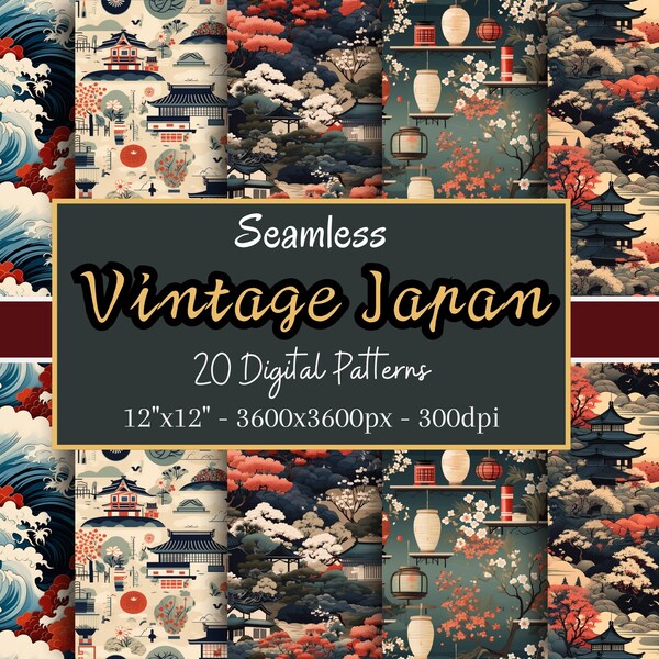 Vintage Japanese Digital Paper, 20 Seamless Patterns of Japanese Designs, Instant Download for Personal & Commercial Use, POD Friendly