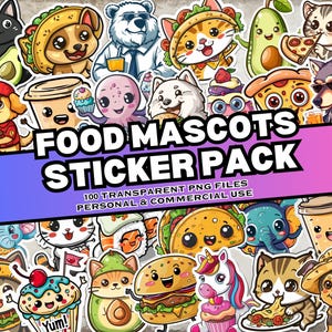 Lebensmittel Mascot Aufkleber, 100 Lebensmittel Digitale Aufkleber, Sticker Pack, sofortiger Download, persönliche und kommerzielle Nutzung, Print on Demand freundlich