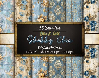 Blue and Gold Shabby Chic Seamless Patterns, 25 Rustic Digital Papers, Instant Download, Personal & Commercial Use, Print on Demand Friendly