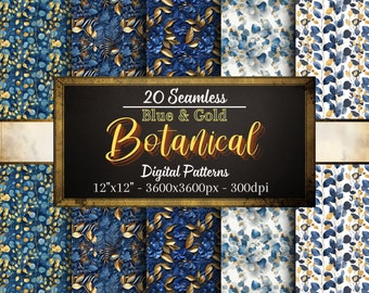 Blue and Gold Botanical Patterns, 20 Botanical Seamless Digital Papers, Instant Download, Personal & Commercial Use, Print on Demand