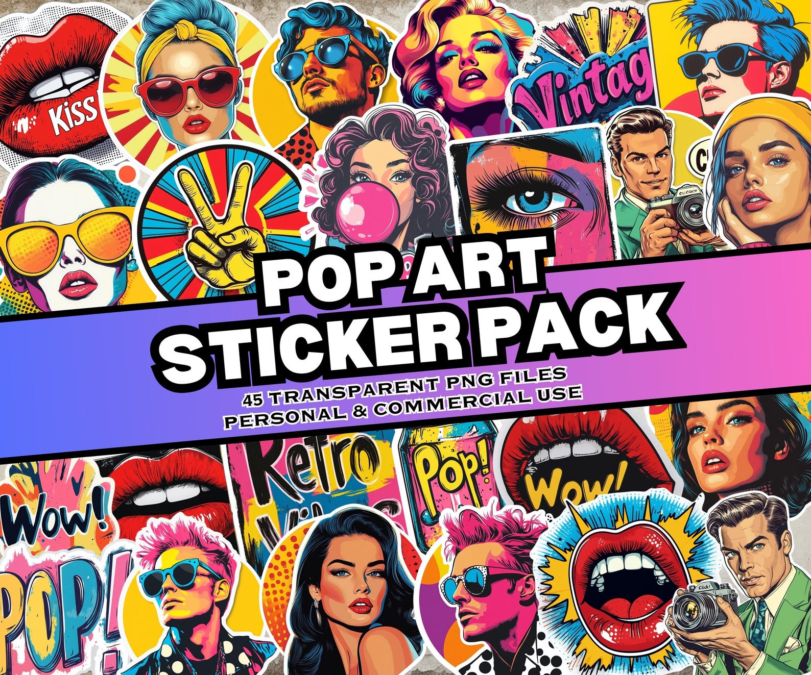 Pop Art Sticker Pack, 45 Retro Inspired Digital Stickers, Pop Art ...