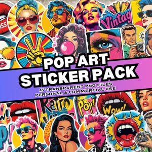 Pacote de adesivos de arte pop, 45 adesivos digitais de inspiração retrô, adesivos de arte pop, uso pessoal e comercial, impressão sob demanda amigável