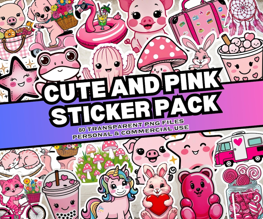 Cute and Pink Sticker Pack, 80 Adorable Pink Digital Stickers, PNG ...