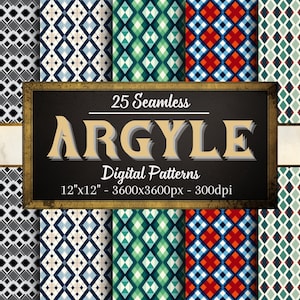 Argyle-mönster, 25 sömlösa digitala papper, Argyle-mönster för klippböcker, tyg, hobbypapper, personligt och kommersiellt bruk, utskrift på begäran