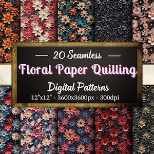 Padrões de quilling de papel floral, 20 papéis digitais elegantes e sem costura, download instantâneo, uso pessoal e comercial, impressão sob demanda amigável