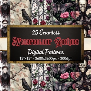 Watercolour Gothic Seamless Patterns, 25 Gothic Digital Papers, Instant Download, Personal & Commercial Use, Print on Demand Friendly