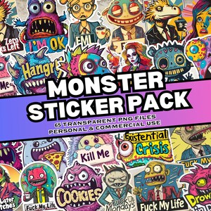 Monsters Sticker Pack, 65 Adult Slogan Digital Stickers, Sticker Pack, Instant Download, Personal & Commercial Use, Print on Demand Friendly