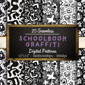 Patrones sin costuras de grafitis para libros escolares, 25 papeles digitales en blanco y negro, patrones de grafitis, uso personal y comercial, impresión a pedido
