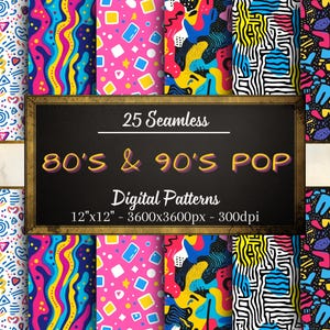 80&#39;s and 90&#39;s Patterns, 25 Seamless Digital Papers of Colourful 80&#39;s and 90&#39;s Patterns, Retro Doodles, Print on Demand, Commercial Use