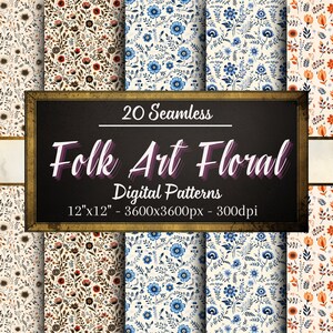 Op de afbeelding: 20 naadloze digitale patronen met folk art bloemenmotieven. De patronen zijn in verschillende kleuren, waaronder blauw, rood, oranje en bruin. Elk patroon is 12 inch bij 12 inch en 3600 pixels bij 3600 pixels met 300 dpi.