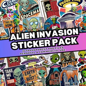 Alien-Invasion Aufkleberpaket, 45 Science-Fiction-Digitalaufkleber, Alien-Aufkleber, PNG-Dateien, persönliche und kommerzielle Nutzung, Print on Demand