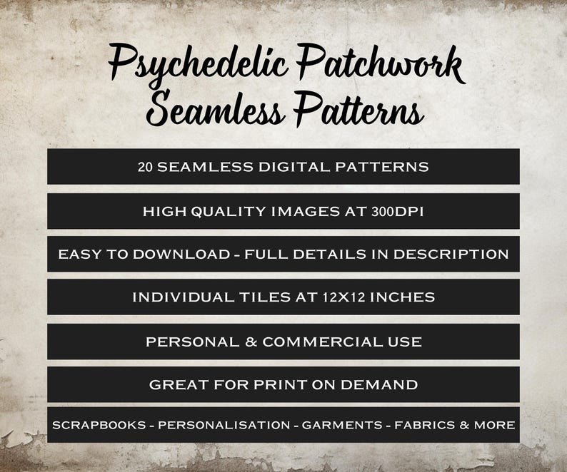 Peut inclure: L'image pr&eacute;sente le texte "Psychedelic Patchwork Seamless Patterns". En dessous, des rectangles noirs d&eacute;taillent : 20 motifs num&eacute;riques sans couture, images de haute qualit&eacute; &agrave; 300 DPI, facile &agrave; t&eacute;l&eacute;charger, carreaux individuels de 30,48 x 30,48 cm, usage personnel et commercial, et id&eacute;al pour l'impression &agrave; la demande.