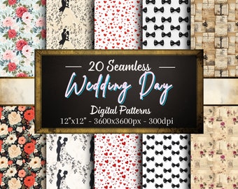 Puede incluir: 20 patrones digitales de boda sin costuras en una variedad de estilos, que incluyen flores, corazones, pajaritas y diseños vintage. Cada patrón mide 12" x 12" y 3600 x 3600 píxeles a 300 ppp.