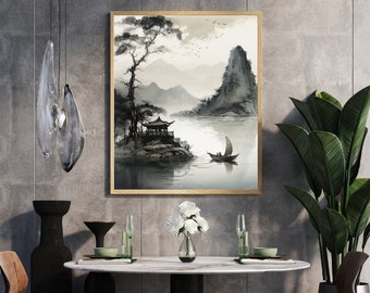 Impression d’art mural de paysage chinois, peinture de lavage à l’encre monochromatique, téléchargement numérique instantané d’art mural pour la décoration intérieure, art mural imprimable