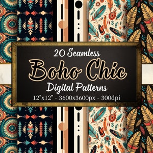 Boho chic sömlösa mönster, 20 digitala papper med rustika boho mönster för klippböcker, kläder, inredning, textilier och mer! Direkt nedladdning