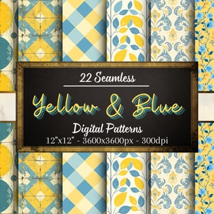 Naadloze gele en blauwe patronen, 22 gele en blauwe digitale papiersoorten, direct downloaden, persoonlijk en commercieel gebruik, print on demand