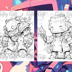 May include: A black and white line drawing of two robots. The robot on the left is a large, armored robot with a round head and a large body. The robot on the right is a smaller, humanoid robot with a large, round head and a long, thin body. Both robots have detailed features and are drawn in a cartoon style.
