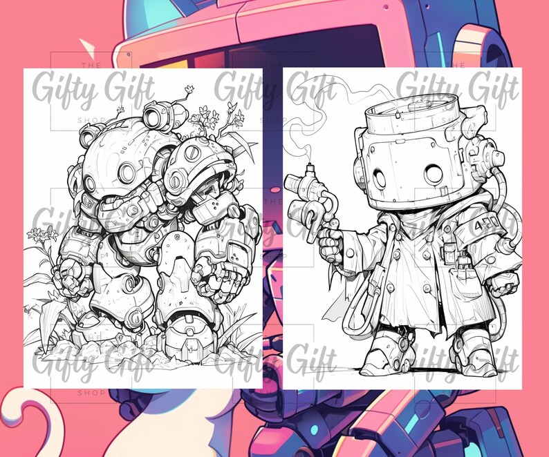 May include: A black and white line drawing of two robots. The robot on the left is a large, armored robot with a round head and a large body. The robot on the right is a smaller, humanoid robot with a large, round head and a long, thin body. Both robots have detailed features and are drawn in a cartoon style.