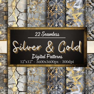 Silver and Gold Seamless Patterns, 22 Digital Papers, Black and Gold Patterns, Instant Download, Personal & Commercial Use, Print on Demand