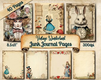 Może przedstawiać: 40 stron do druku z vintage'owymi ilustracjami z Alicji w Krainie Czarów. Strony idealnie nadają się do junk journalingu, scrapbookingu lub tworzenia kartek. Strony mają rozmiar 8,5 x 11 cali i rozdzielczość 300 dpi.