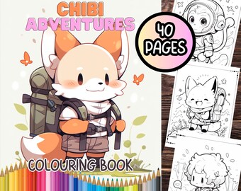 Op de afbeelding: Een kleurboek met de titel "CHIBI ADVENTURES" en "40 PAGES" in een roze cirkel. De omslag toont een cartoonvos met een rugzak en een kaart. Het boek bevat kleurpotloden.