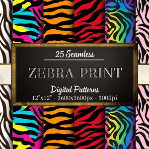 May include: A selection of 25 seamless zebra print digital patterns. The patterns showcase vibrant zebra stripes in diverse colours, such as black, pink, red, orange, yellow, blue, and green. The image includes the text "ZEBRA PRINT" and "Digital Patterns". The patterns are 30.48cm x 30.48cm in size.