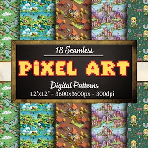 Nahtlose Pixel-Art-Muster, 18 digitale Retro-Gamer-Papiere, Pixel-Art, sofortiger Download, persönliche und kommerzielle Nutzung, Print-on-Demand-freundlich