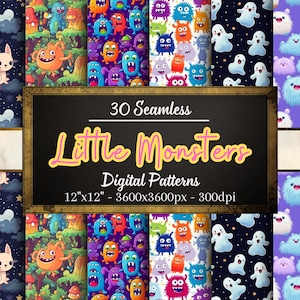Kleine Monster Nahtlose Muster, 30 lustige Monster Digital Papiere, Kinder Basteln, Sofortiger Download, persönliche und kommerzielle Nutzung, Print on Demand