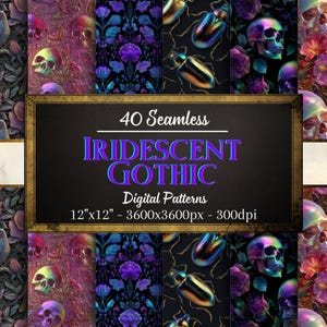 Puede incluir: Colección de arte digital "Iridescent Gothic" con 40 patrones sin costuras. Los patrones incluyen calaveras, flores, escarabajos y pájaros en tonos morados, rosas y negros. La imagen incluye las dimensiones 30.48cm x 30.48cm y 3600x3600px.