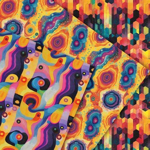 Peut inclure: Plusieurs papiers &agrave; motifs aux couleurs vives. Les motifs pr&eacute;sentent des formes abstraites et g&eacute;om&eacute;triques dans une palette vibrante de jaune, orange, bleu, violet et vert. Les papiers sont dispos&eacute;s en couches.