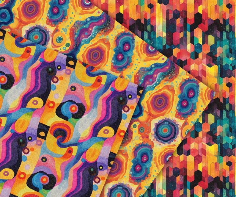 Peut inclure: Plusieurs papiers &agrave; motifs aux couleurs vives. Les motifs pr&eacute;sentent des formes abstraites et g&eacute;om&eacute;triques dans une palette vibrante de jaune, orange, bleu, violet et vert. Les papiers sont dispos&eacute;s en couches.