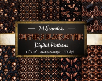 Gotische patronen, 24 koperen en zwarte gotische naadloze digitale papieren, direct downloaden, persoonlijk en commercieel gebruik, print on demand vriendelijk