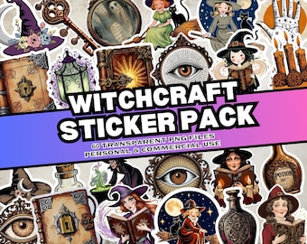 May include: A set of 60 witch-themed stickers featuring illustrations of witches, potions, books, eyes, and other magical elements. The stickers are designed in a vintage style with a dark color palette and intricate details. The stickers are perfect for adding a touch of magic to your planner, laptop, water bottle, or other belongings.