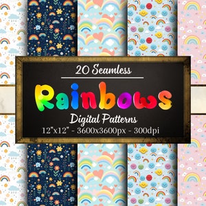 May include: 20 seamless digital rainbow patterns in various colors and designs. Each pattern is 12 inches by 12 inches and 3600 pixels by 3600 pixels at 300 dpi.