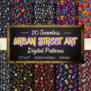 アーバン ストリート アート パターン、シームレスなデジタル ペーパー 20 枚、即時ダウンロード、個人および商用利用、オンデマンド印刷対応