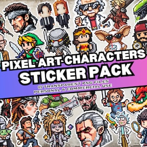 May include: A sticker pack featuring pixel art characters from various movies, video games, and pop culture icons. The stickers include characters like Link, Predator, and Rick. The text on the image reads "Pixel Art Characters Sticker Pack".