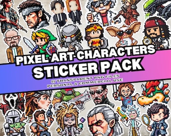 Stickerpakket pixelart-personages, 85 iconische film-, tv- en videogamepersonages in charmante retro-pixelstijl, voor commercieel en POD-gebruik