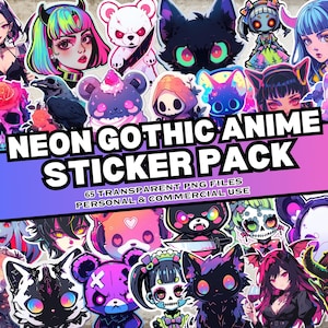 Anime Sticker Pack, 65 Neon Gothic Anime Stickers, Gothic Stickers, Instant Download, Personal & Commercial Use, Print on Demand Friendly