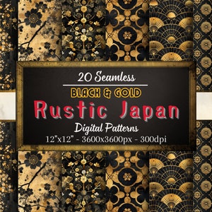 Schwarz und Gold Japan nahtlose Muster, 20 rustikale japanische digitale Papiere, sofortiger Download, persönliche und kommerzielle Nutzung, Print on Demand
