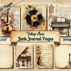 Diario basura de música, Vintage Scrapbooking Ephemera, 20 páginas imprimibles, Descarga digital, Papel vintage de técnica mixta, Diario temático musical
