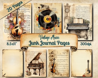 Music Junk Journal, Vintage Scrapbooking Ephemera, 20 Printable Pages, Digital Download, Mixed Media Vintage Paper, Music Themed Journal