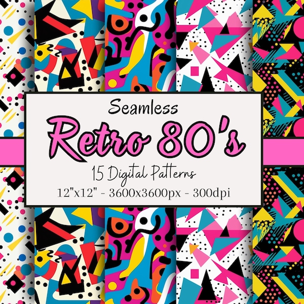 Retro 80's Patterns, 15 Seamless Digital Papers of Colourful 80's Patterns for Scrapbooking, Clothing, Craft Paper, Print on Demand & More!