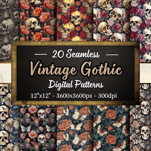 Op de afbeelding: 20 naadloze digitale patronen met vintage gotische ontwerpen. De patronen bevatten schedels, rozen, vlinders en andere gotische elementen. De patronen zijn 12 inch bij 12 inch en 3600 pixels bij 3600 pixels met 300 dpi.